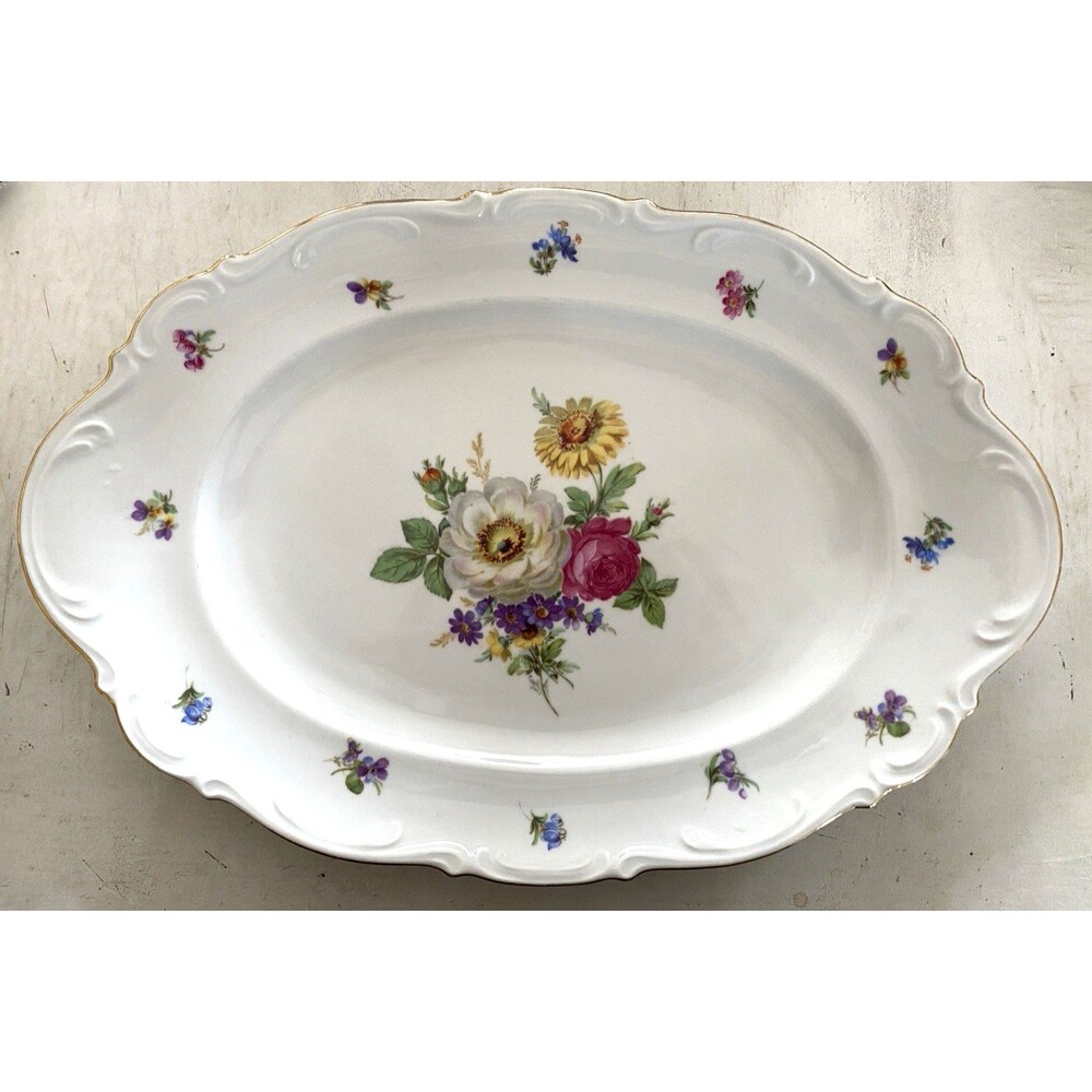 Mitterteich Bavaria Meissen Floral Germany Oval Serving Platter Gold Trim 15.5"